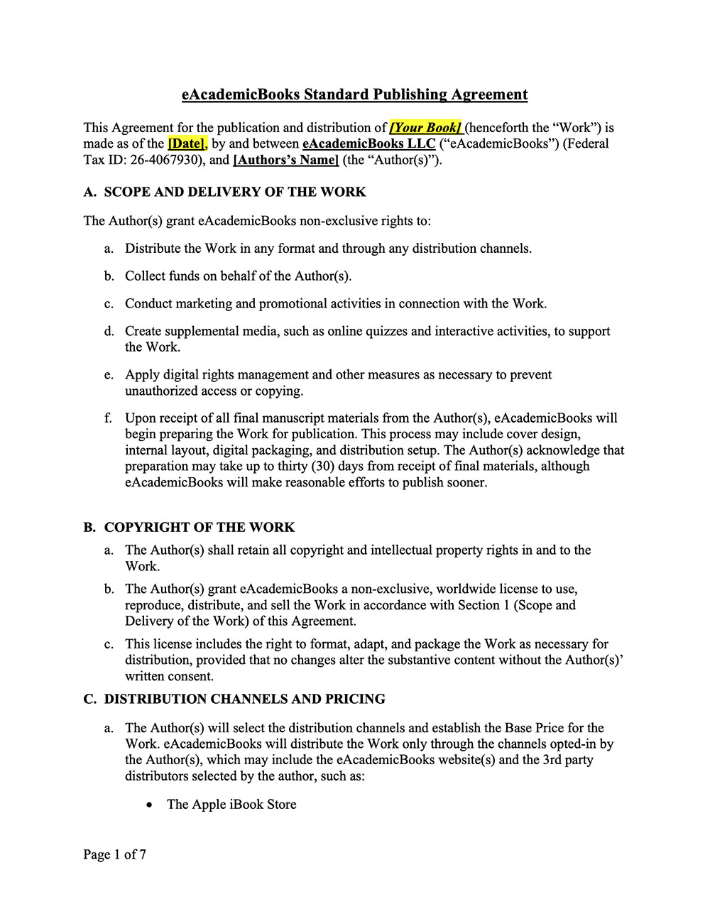 First page of the eAcademicBooks Publishing Agreement