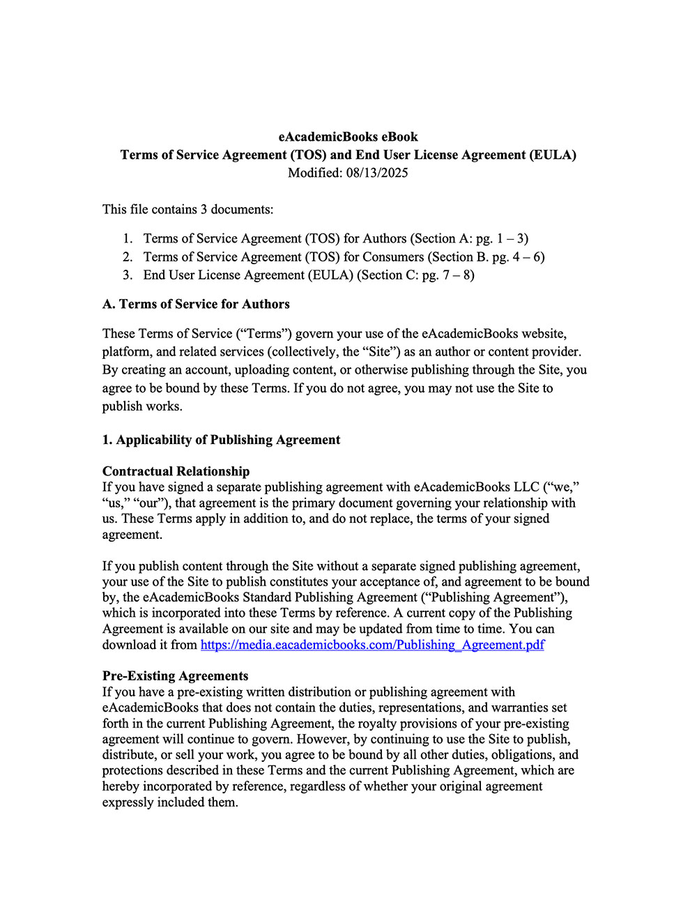 First page of the eAcademicBooks Terms of Service and EULA